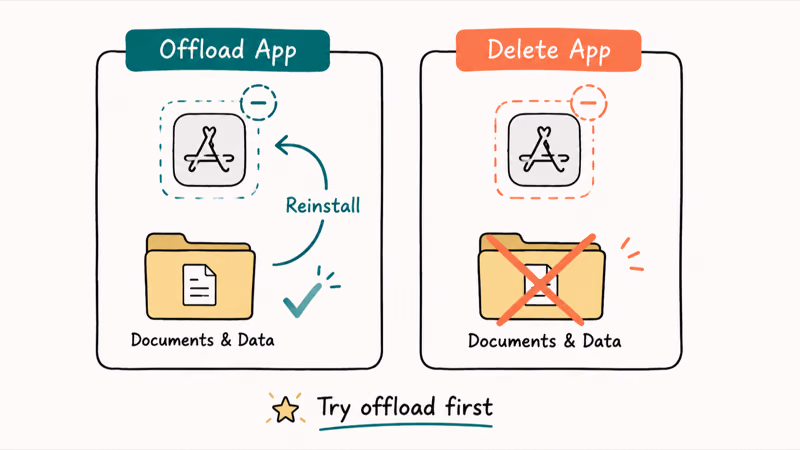 Comparison showing offload keeps app data while delete removes everything on iPhone
