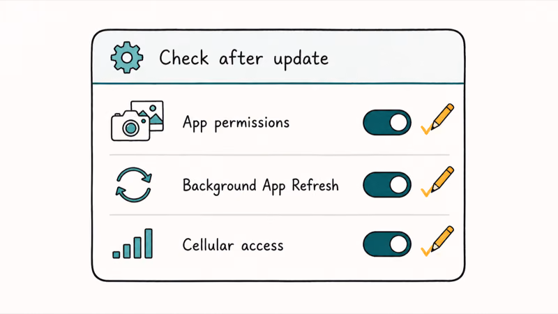 Checklist of three iPhone settings to verify after iOS 27 app crashes