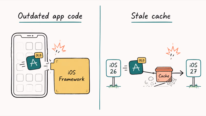 Two-panel diagram comparing outdated app code and stale cache as iOS 27 crash causes
