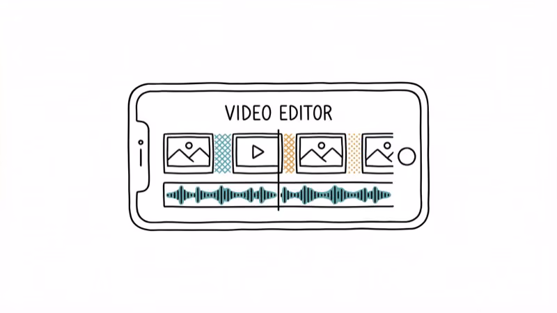 Smartphone showing video editing timeline with photo thumbnails and music waveform
