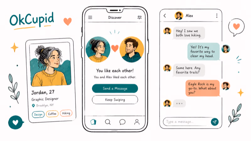 Hand-drawn illustration of OkCupid