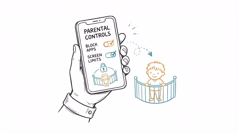 Parent holding smartphone with parental control settings to block stranger chat apps