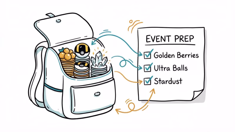 Backpack inventory showing golden berries ultra balls and stardust for Pokemon event