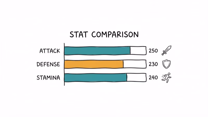 Pokemon stat comparison chart showing attack defense and stamina bars with values