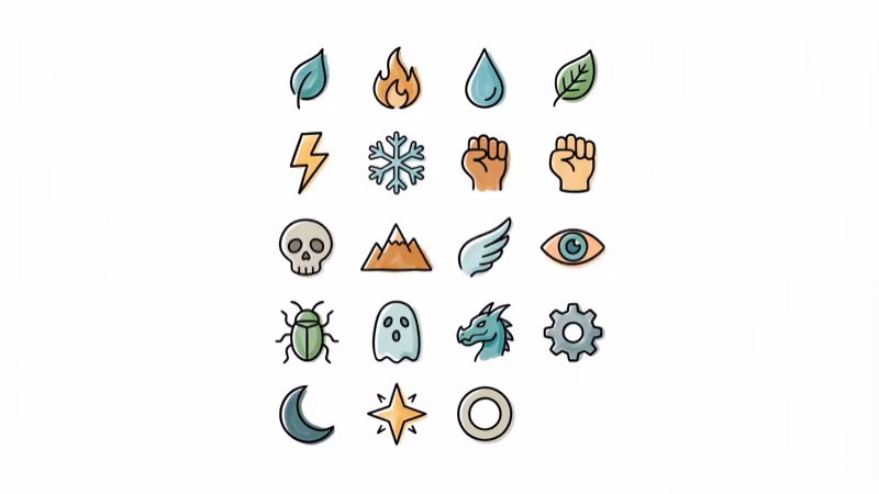 Grid of 18 elemental type icons showing fire water grass electric and more
