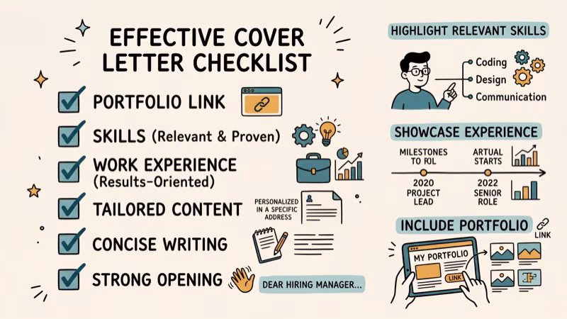 Professional checklist showing key cover letter elements including portfolio link skills and experience with checkmarks