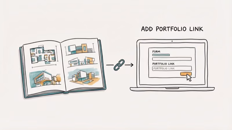 Architecture portfolio book with building designs and a link icon connecting to a laptop screen for online submission