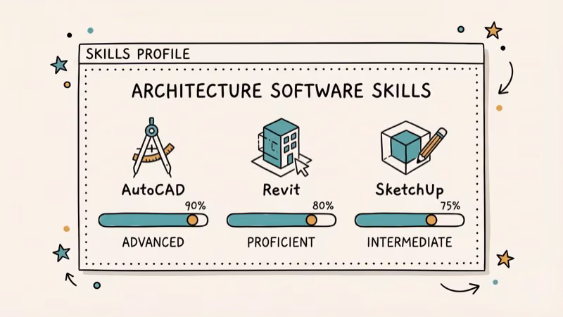Architecture software skills profile card showing AutoCAD Revit and SketchUp icons with proficiency level bars