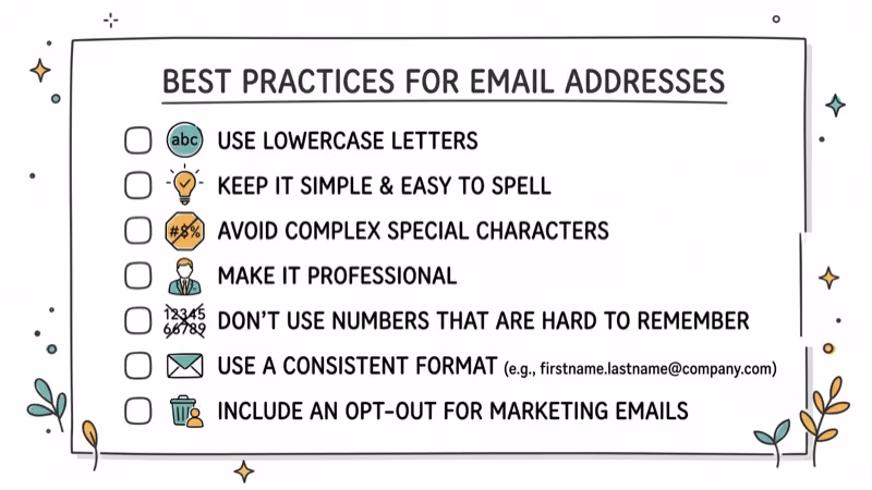 Best practices checklist for email addresses including lowercase rule