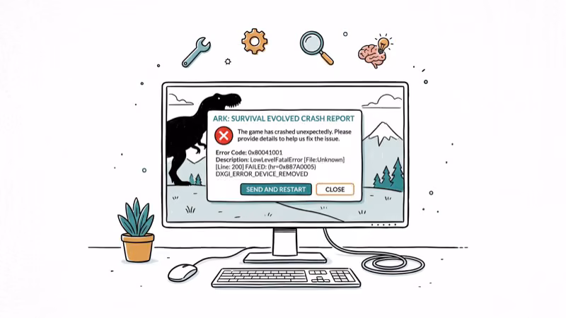 PC monitor showing game crash error dialog with red X icon and dinosaur silhouette