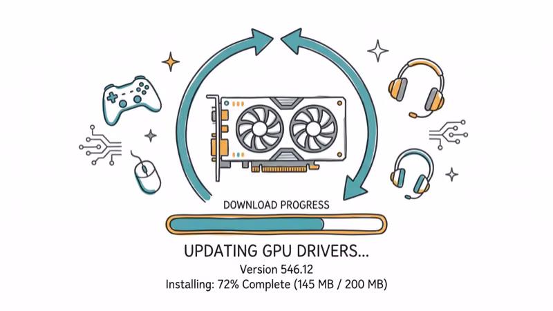 Graphics card icon with update arrows and driver download progress indicator