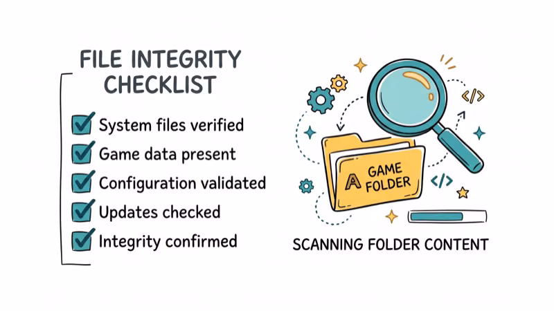 File verification checklist with checkmarks and game folder with magnifying glass