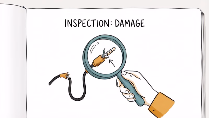 Headset audio cable and connector being inspected with magnifying glass for damage