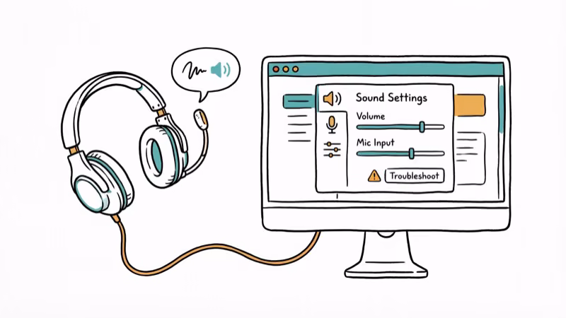 Gaming headset with microphone next to computer sound settings panel for audio configuration