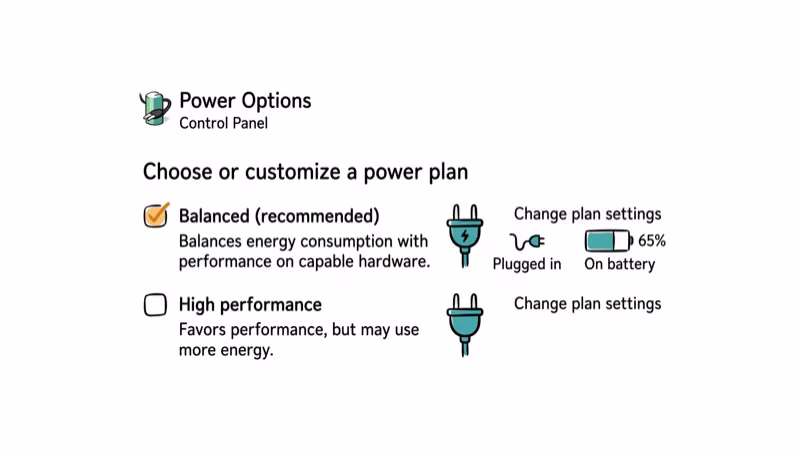 Windows power plan options showing balanced and high performance modes