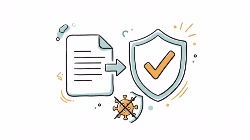 Shield with checkmark next to file icon verifying system file safety