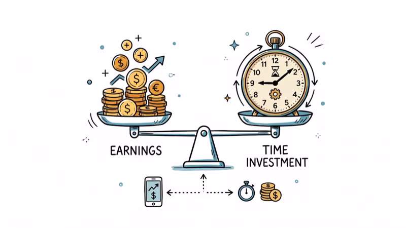 Balance scale weighing coins against clock showing time versus earnings