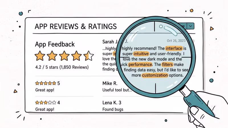 Star rating display with magnifying glass examining app store feedback