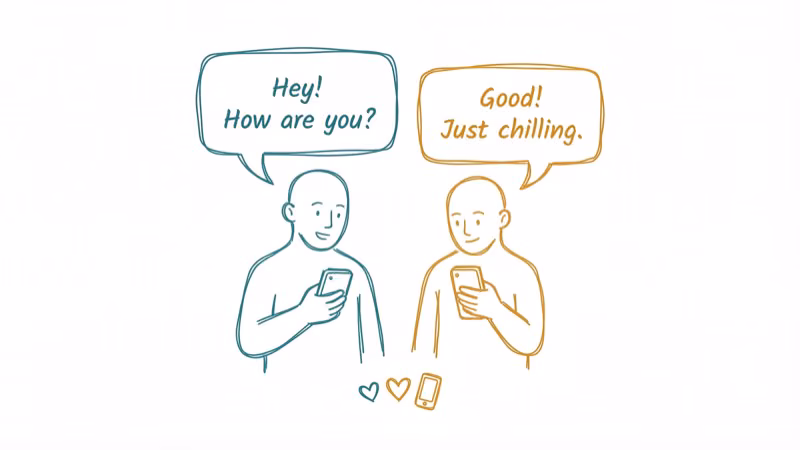 Two people texting on phones with speech bubbles showing casual messages