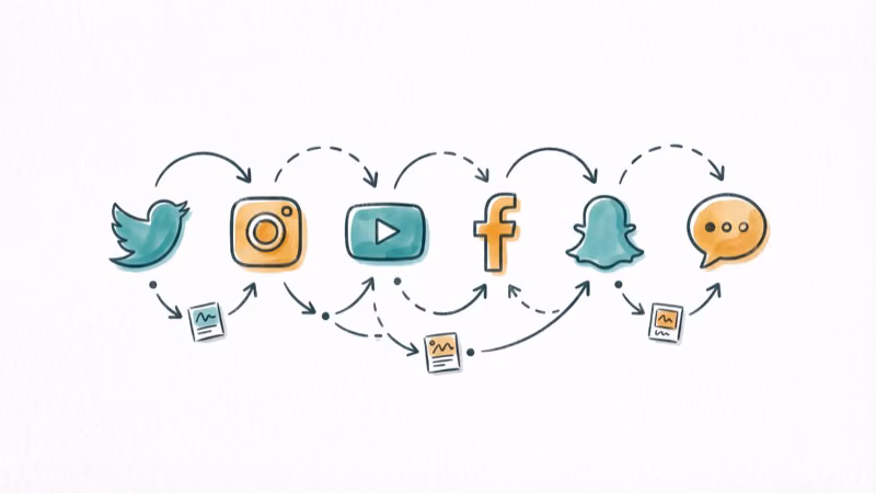 Multiple social media platform icons showing content spread across networks