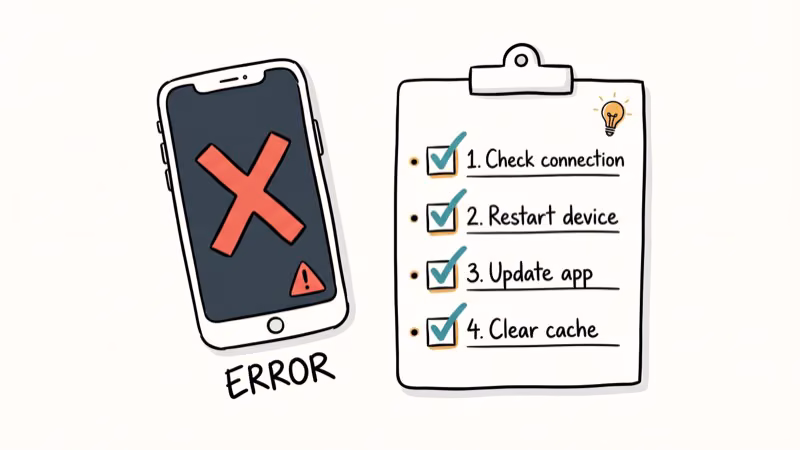 Phone with error icon next to checklist of troubleshooting steps