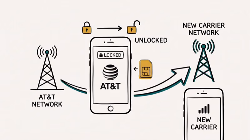 Phone switching between network towers after AT&T unlock with SIM card icon