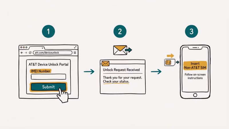 Step-by-step AT&T unlock portal form showing IMEI entry and submission process