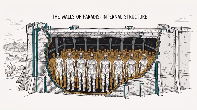 Cross-section of an Attack on Titan wall revealing millions of Colossal Titans packed inside