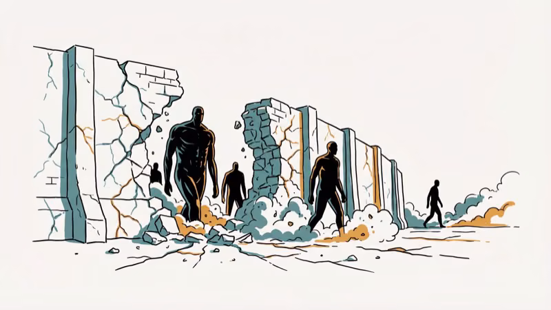 Crumbling Attack on Titan wall sections with giant titan figures emerging in the Rumbling arc