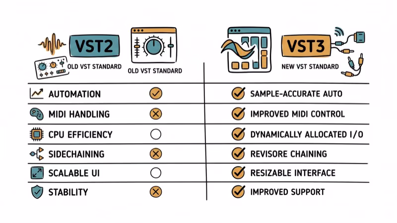 VST2 versus VST3 plugin format comparison chart with feature checkmarks