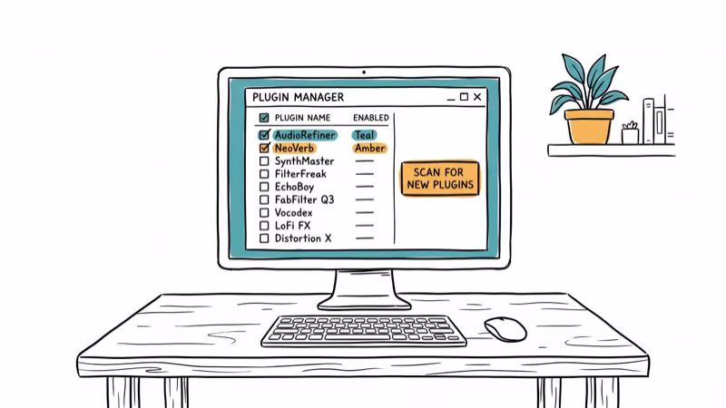 Audacity plugin manager window with scan button and checkbox list