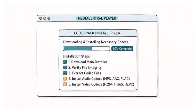 Media player with codec pack installer showing installation progress checkboxes