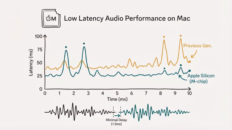 Audio latency performance chart comparing Apple Silicon M-chip Mac results in milliseconds