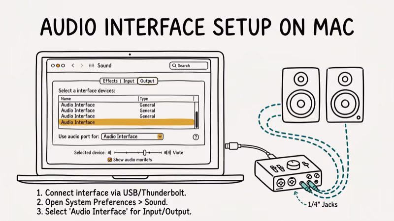Mac Sound Settings and Audio MIDI Setup window with audio interface selected as input and output