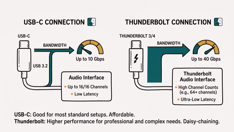 USB-C vs Thunderbolt connector comparison showing bandwidth differences for Mac audio interfaces