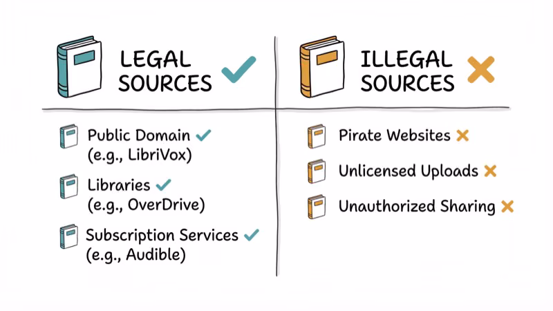 Comparison chart of legal versus illegal audiobook sources with checkmarks and icons