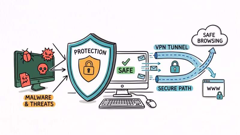 Shield protecting computer from malware with VPN tunnel and padlock icon