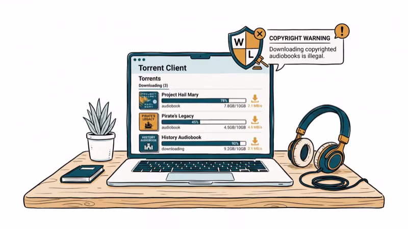 Laptop showing torrent download progress with audiobook thumbnails and headphones