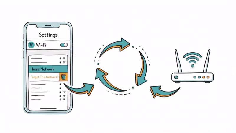 Phone settings screen showing network forget option with reconnection arrows to router