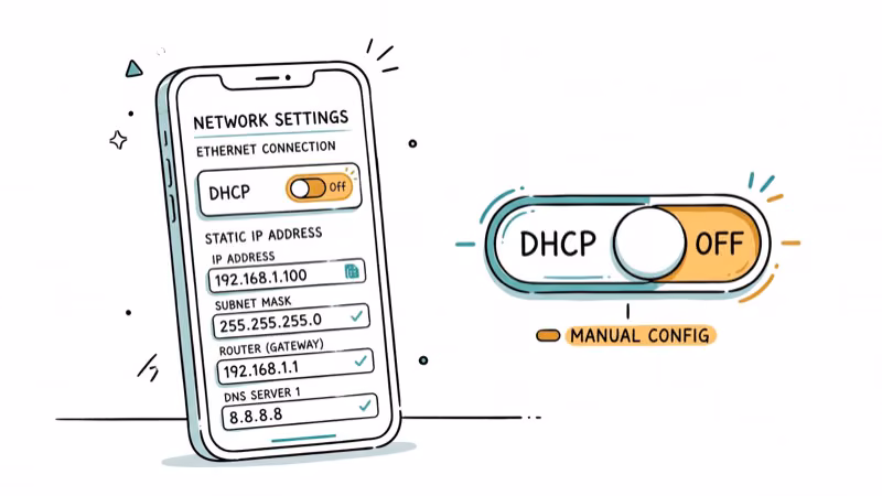 Phone screen showing static IP configuration fields next to DHCP toggle switch