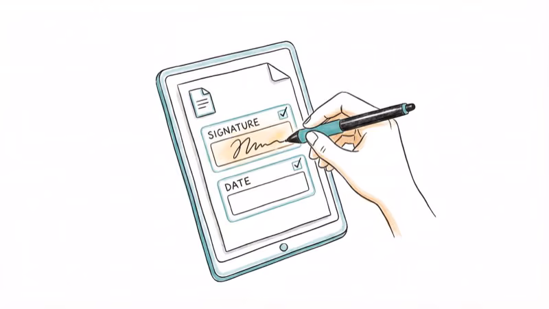 Hand drawing digital signature with stylus pen on tablet document