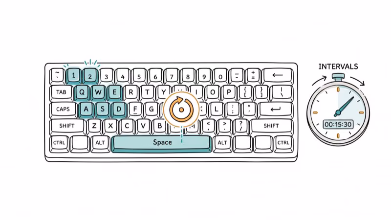Keyboard with highlighted keys and repeat symbol showing automated key pressing concept