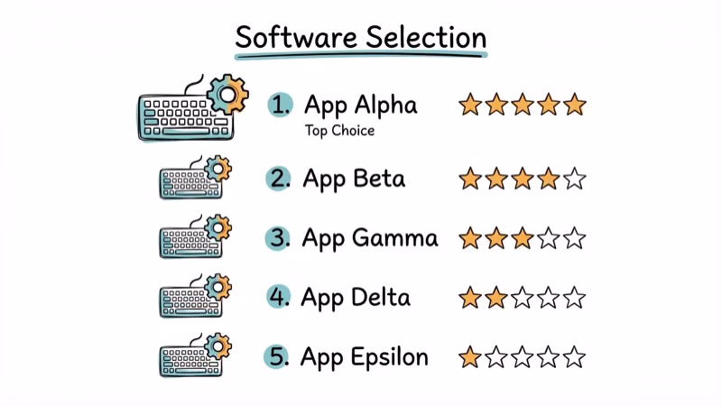 Ranked list of software tools with star ratings and keyboard settings icons