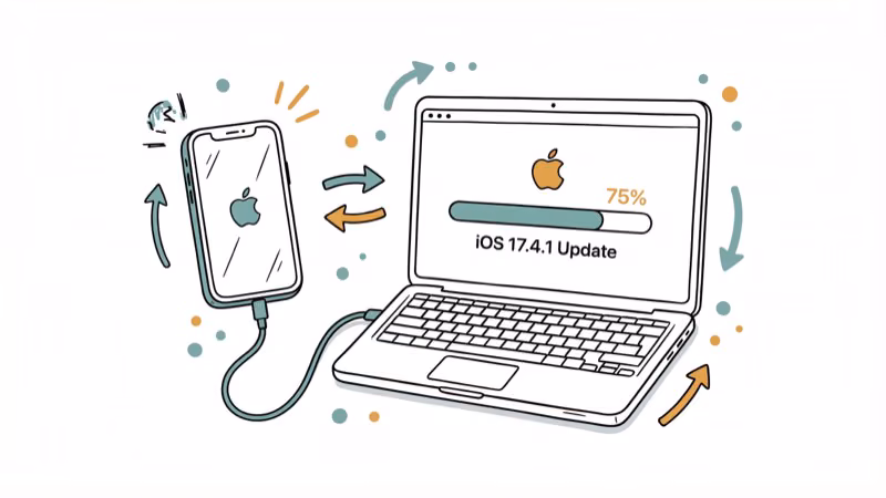iPhone connected to laptop showing iOS software update progress bar
