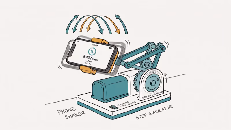 Phone placed on mechanical shaker device simulating walking steps