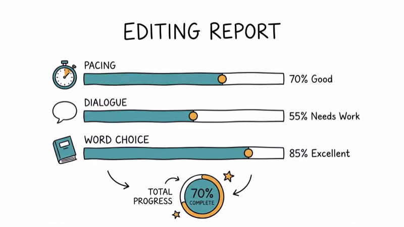 Dashboard showing editing report categories with pacing dialogue and word choice