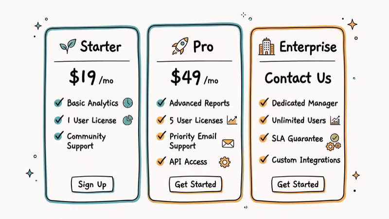 Three pricing tier columns with feature checkmarks and subscription prices