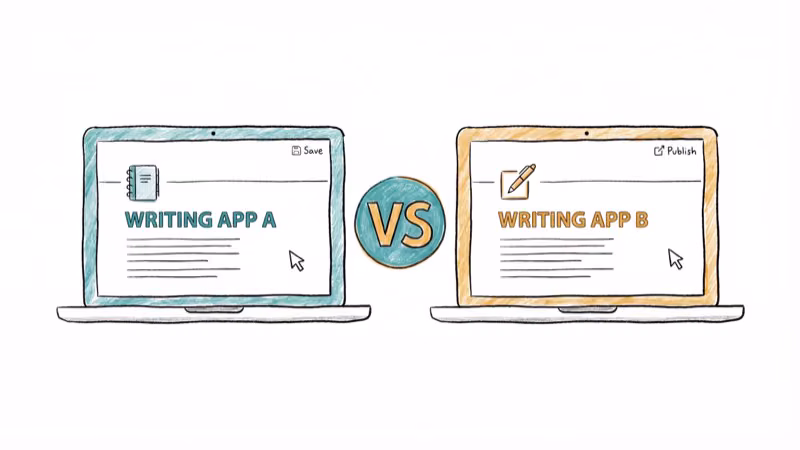 Two laptop screens side by side comparing writing tool interfaces with VS label