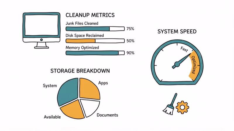 Computer dashboard showing cleanup metrics with storage pie chart and performance gauge