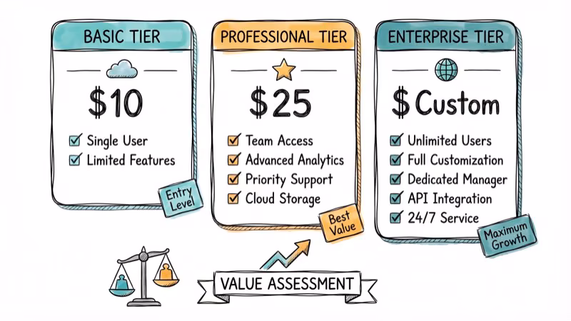 Pricing tier comparison with three subscription columns showing features and dollar signs